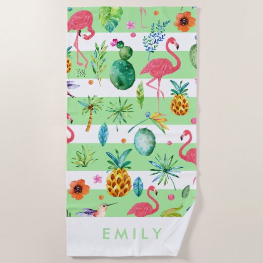 ストライプとカラフルトロピカルパターン ビーチタオル (正面)