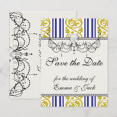 ストライプとダマスクのマスタードイエローとパープル 案内ポストカード (正面/裏面)