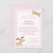 ストライプとドットが付いたピンクの子犬の招待状 招待状 (正面/裏面)