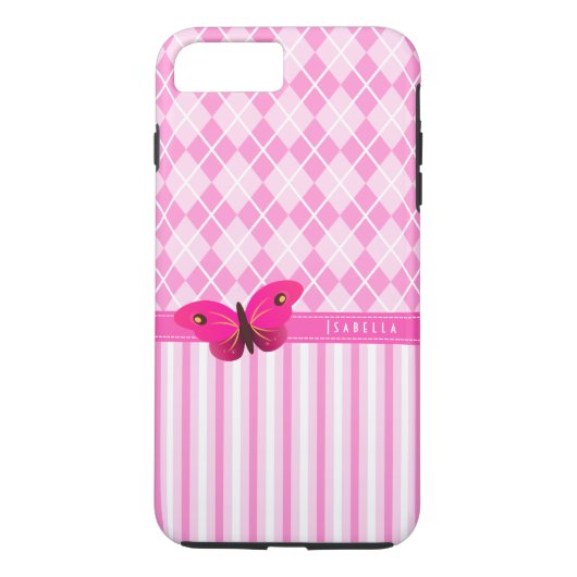 ストライプとピンクのパタアーガイルーン蝶の耐久性 Case-Mate iPhoneケース (裏面)