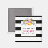 ストライプとピンクの花の結婚式Dateを保存 マグネット (正面/裏面)