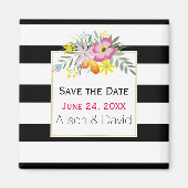 ストライプとピンクの花の結婚式Dateを保存 マグネット (正面)