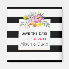 ストライプとピンクの花の結婚式Dateを保存 マグネット