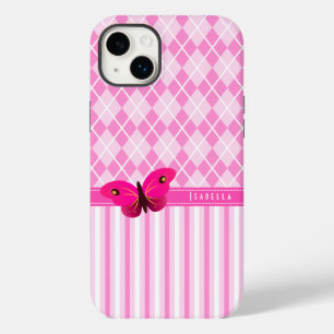 ストライプとピンクパタアーガイルーンの蝶の耐久性 Case-Mate iPhone 14 PLUSケース