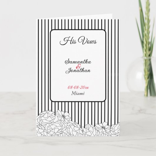 ストライプとブラック＆ホワイトの花の彼の誓いのカード サンキューカード (正面)