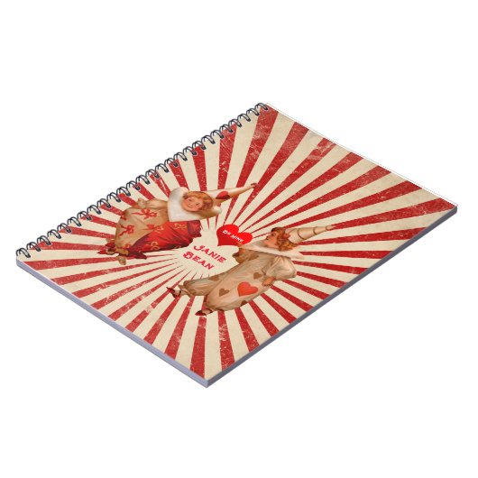 ストライプとヴィンテージ バレンタインのピエロとハート ノートブック (左側)