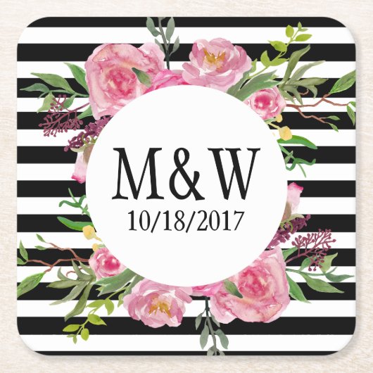 ストライプと花のカスタム紙コースター スクエアペーパーコースター (正面)