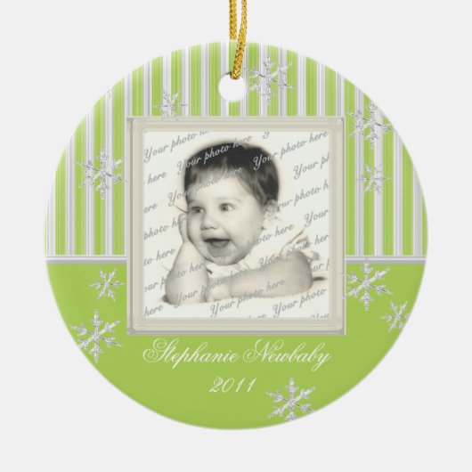 ストライプと雪の結晶ライトグリーン セラミックオーナメント (正面)