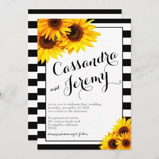 ストライプと黄ひまわりの結婚式招待状 招待状 (正面/裏面)
