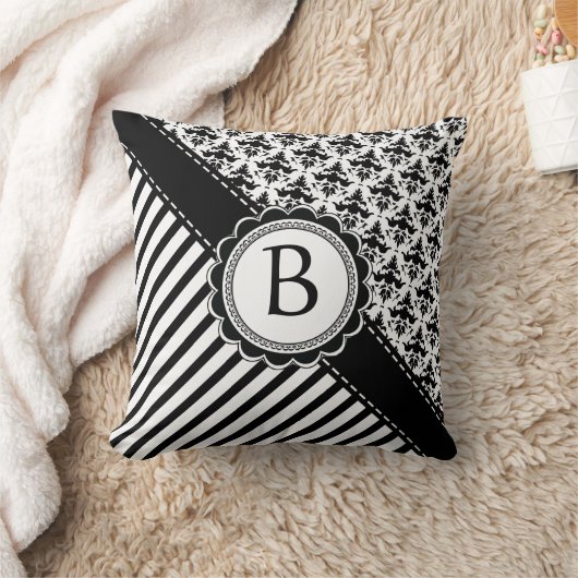 ストライプなエレガントな白黒レトロおよびダマスク織 クッション (ブランケット)