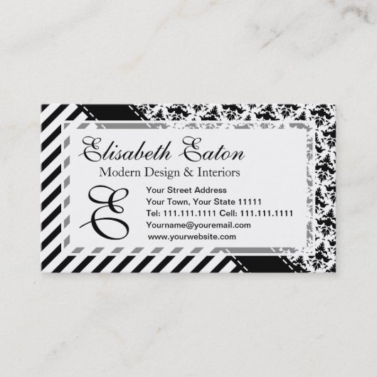 ストライプなエレガントな白黒レトロおよびダマスク織 名刺 (正面)