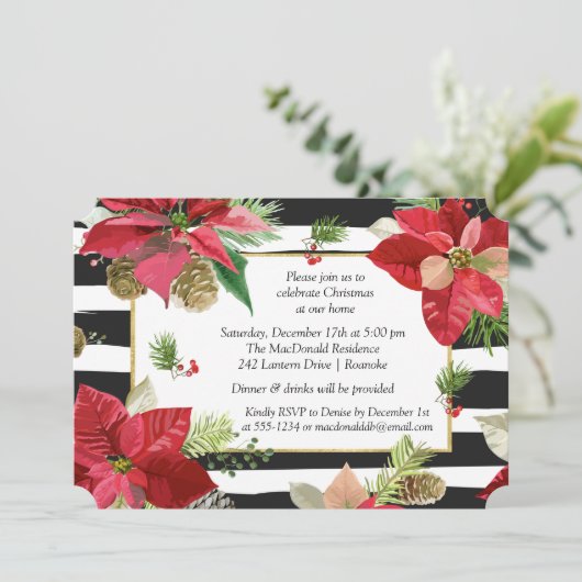 ストライプなクリスマス・パーティの招待2のポインセチア 招待状 (スタンド正面)