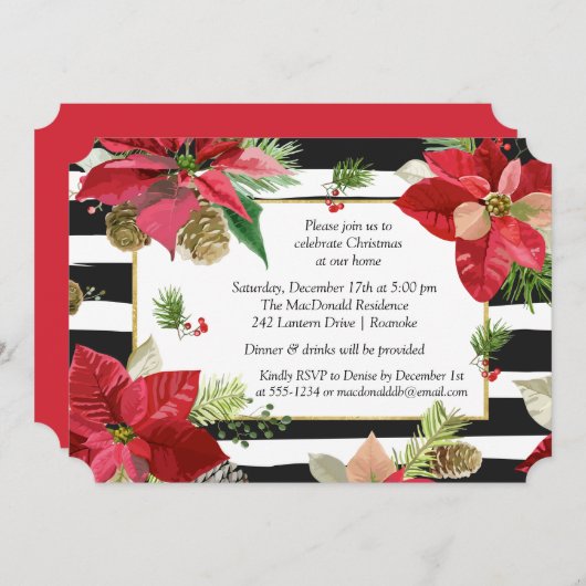 ストライプなクリスマス・パーティの招待2のポインセチア 招待状 (正面/裏面)