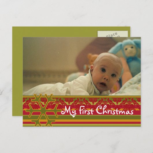 ストライプなダマスク織私の初めてのクリスマスの写真の郵便はがき シーズンポストカード (正面/裏面)