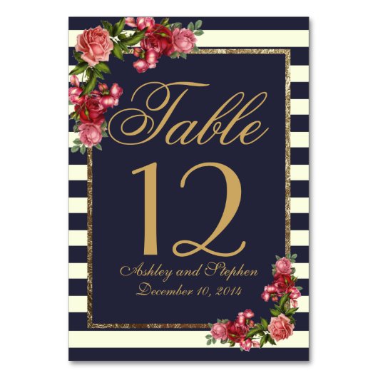ストライプなバラ海軍および金ゴールドのテーブル数 テーブルナンバー (正面)