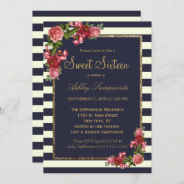 ストライプなバラ海軍および金ゴールドの菓子16の招待状 招待状