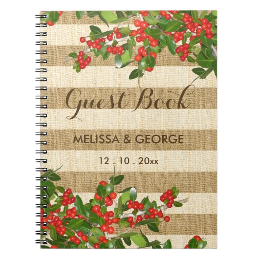 ストライプなバーラップおよびクリスマスのYauponヒイラギ ノートブック (正面)