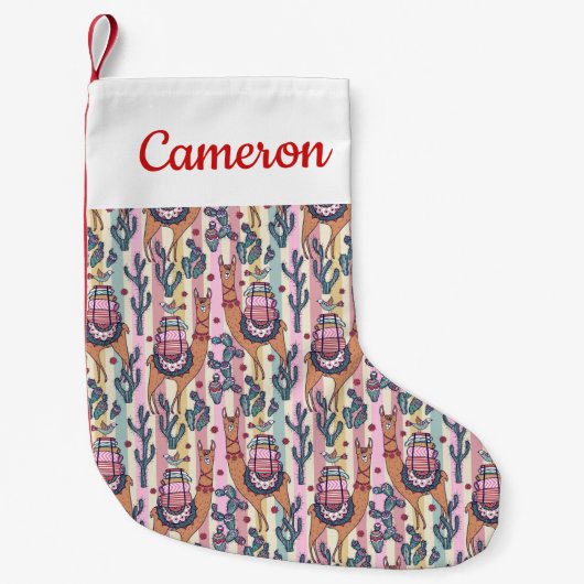 ストライプなパターンのあなたの一流の|のラマを加えて下さい スモールクリスマスストッキング (正面)