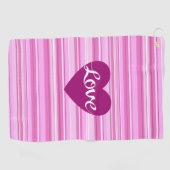 ストライプなピンクの白のプラムの愛原稿及びハート ゴルフタオル (横)