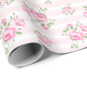 ストライプなヴィンテージおよび淡いピンクの花のバラのクラシック ラッピングペーパー (ロールコーナー)