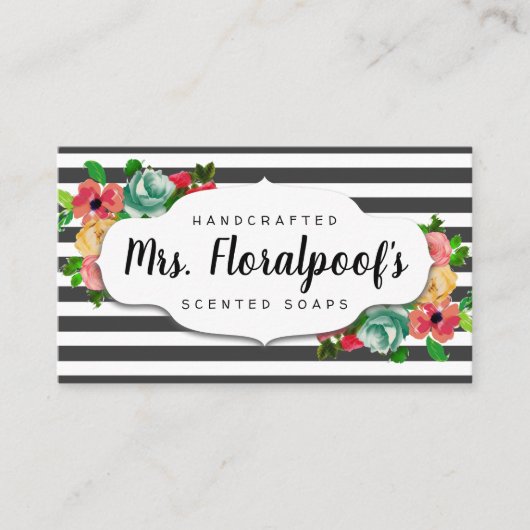 ストライプなヴィンテージの花のハンドメイドの石鹸の名刺 名刺 (正面)