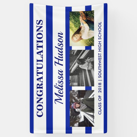 ストライプな卒業3の写真の濃紺の白 横断幕 (縦)