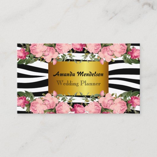 ストライプな洗練された人のシマウマおよびバラ 名刺 (正面)