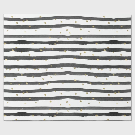 ストライプな白黒の金ゴールドの水彩画および点 ラッピングペーパー (フラット)