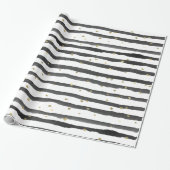 ストライプな白黒の金ゴールドの水彩画および点 ラッピングペーパー (アンロールド)