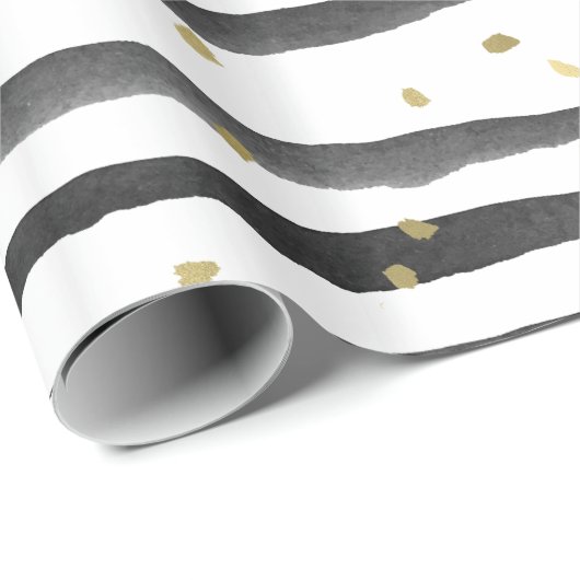 ストライプな白黒の金ゴールドの水彩画および点 ラッピングペーパー (ロールコーナー)