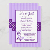 ストライプな紫色の蝶および点のベビーシャワー 招待状 (正面/裏面)