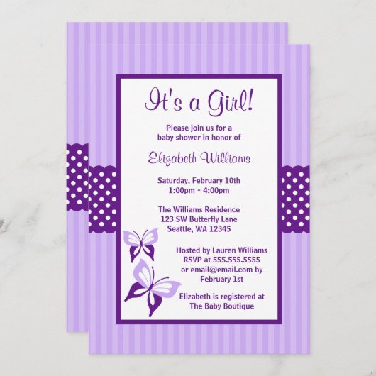 ストライプな紫色の蝶および点のベビーシャワー 招待状 (正面/裏面)
