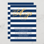 ストライプな結婚式招待状のテンプレートの青海軍 招待状 (正面/裏面)