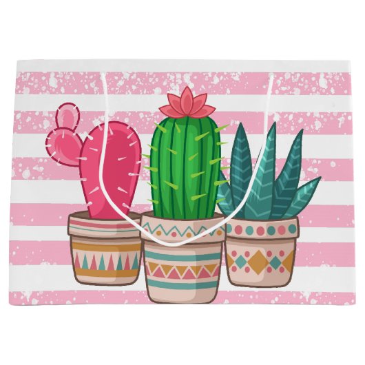 ストライプな背景が付いている手描きのサボテン ラージペーパーバッグ (正面)