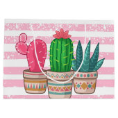 ストライプな背景が付いている手描きのサボテン ラージペーパーバッグ (裏面)