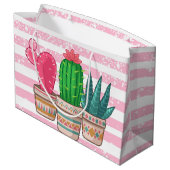 ストライプな背景が付いている手描きのサボテン ラージペーパーバッグ (裏面アングル)