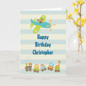 ストライプな誕生日の動物のおもちゃの列車そして飛行機 カード (黄色い花)