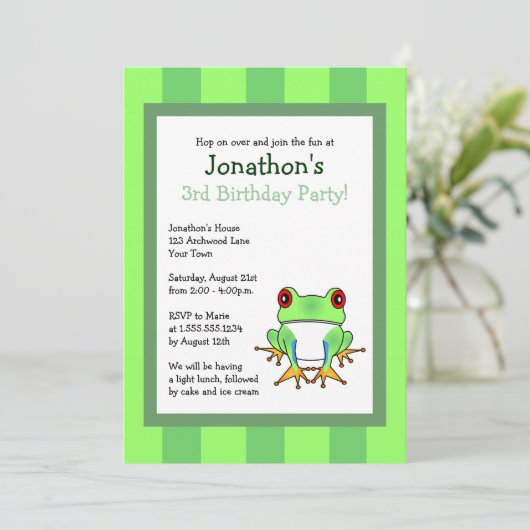 ストライプな誕生日の招待5x7のかわいいアマガエル 招待状 (スタンド正面)