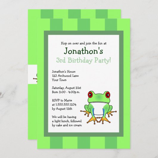 ストライプな誕生日の招待5x7のかわいいアマガエル 招待状 (正面/裏面)