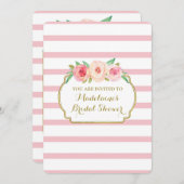 ストライプな金ゴールドのピンクの花柄のブライダルシャワーは上がりました 招待状 (正面/裏面)