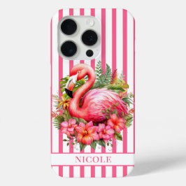 ストライプにフラミンゴとトロピカルフラワー iPhone 15 PROケース