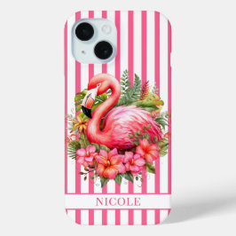 ストライプにフラミンゴとトロピカルフラワー iPhone 15ケース