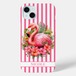 ストライプにフラミンゴとトロピカルフラワー iPhone 15 MINIケース