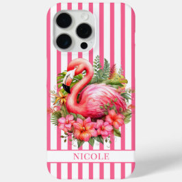 ストライプにフラミンゴとトロピカルフラワー iPhone 15 PRO MAXケース