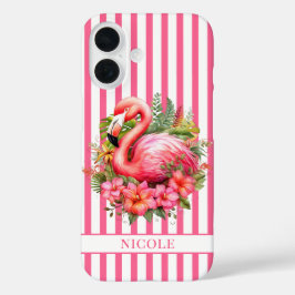 ストライプにフラミンゴとトロピカルフラワー iPhone 16ケース