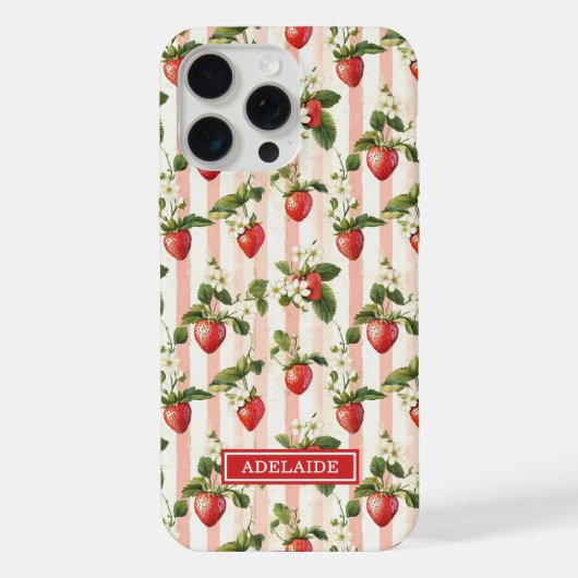 ストライプに水彩イチゴのモノグラム入り iPhoneケース (裏面)
