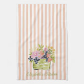 ストライプに水彩風のフルーツと花かごの模様 キッチンタオル (縦)