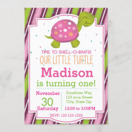 ストライプのなカメの誕生日の招待状(ピンク) 招待状