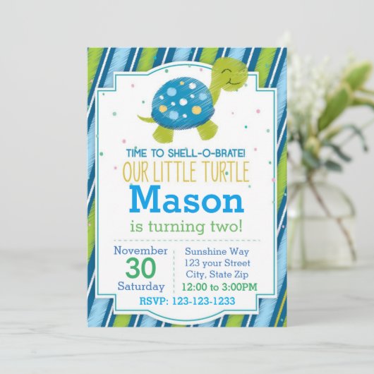 ストライプのなカメの誕生日の招待状(青い) 招待状 (スタンド正面)