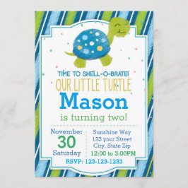 ストライプのなカメの誕生日の招待状(青い) 招待状